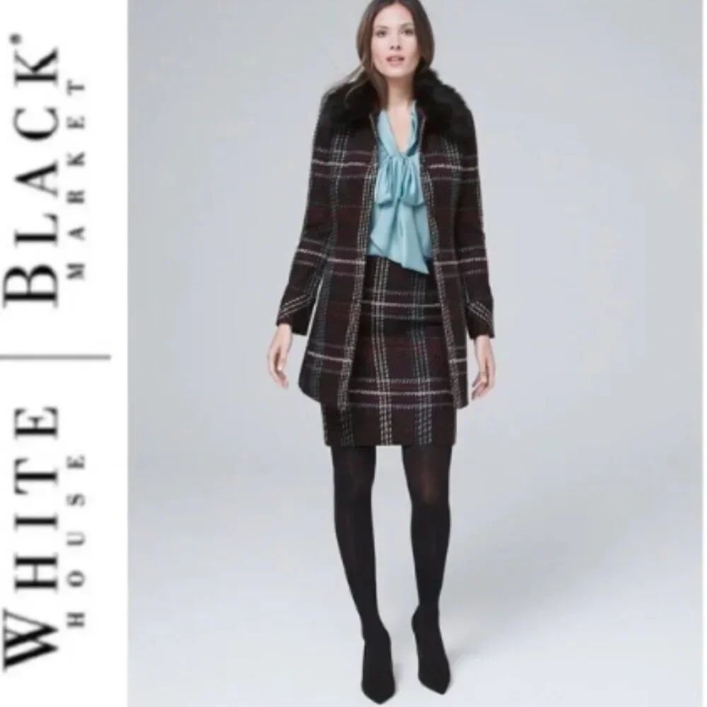 NWT White House Black Market Black & Garnet Plaid Tweed “Boot” Skirt in Size 2